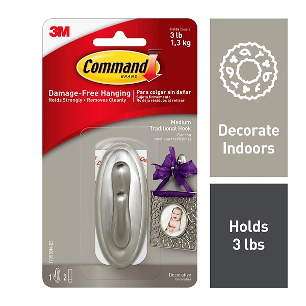 Command™ Medium Metallic Coated Hook, Brushed Nickel, 1 Hook, 2 Strips/Pack (17051BN-ES) 3 Command™ Medium Metallic Coated Hook, Brushed Nickel, 1 Hook, 2 Strips/Pack (17051BN-ES)