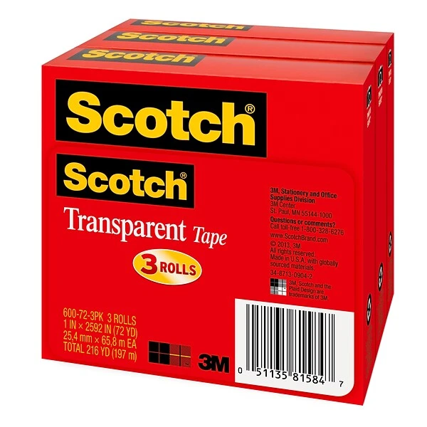 Scotch® Transparent Tape Refill, 1" X 72 Yds., 3 Rolls (600-72-3PK) 3 Scotch® Transparent Tape Refill, 1" X 72 Yds., 3 Rolls (600-72-3PK)