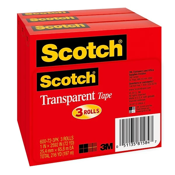 Scotch® Transparent Tape Refill, 1" X 72 Yds., 3 Rolls (600-72-3PK) 4 Scotch® Transparent Tape Refill, 1" X 72 Yds., 3 Rolls (600-72-3PK) - Image 2