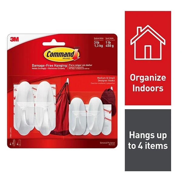 Command™ Small And Medium Designer Hooks Value Pack, White, 2 Small And 2 Medium/Pack (17081-2VPES) 3 Command™ Small And Medium Designer Hooks Value Pack, White, 2 Small And 2 Medium/Pack (17081-2VPES)