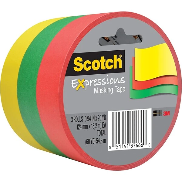 Scotch® Expressions 0.94 X 20 Yds. Light Masking Tape, Yellow/Green/Red, 3/Pack (3437-3PRM) 3 Scotch® Expressions 0.94 X 20 Yds. Light Masking Tape, Yellow/Green/Red, 3/Pack (3437-3PRM)