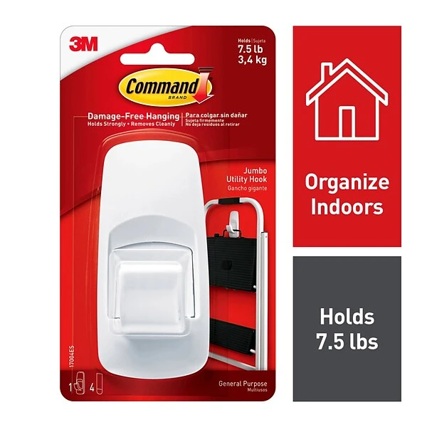 Command™ Jumbo Hook, White, 1 Hook, 2 Strips/Pack (17004-RR) 3 Command™ Jumbo Hook, White, 1 Hook, 2 Strips/Pack (17004-RR)