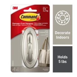 Command™ Large Traditional Hook, Brushed Nickel, 1 Hook, 2 Strips/Pack (17053BN-EF)