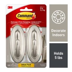 Command Traditional Large Hooks, Brushed Nickel, 2 Hooks, 4 Strips/Pack (17053BN-2VPES)