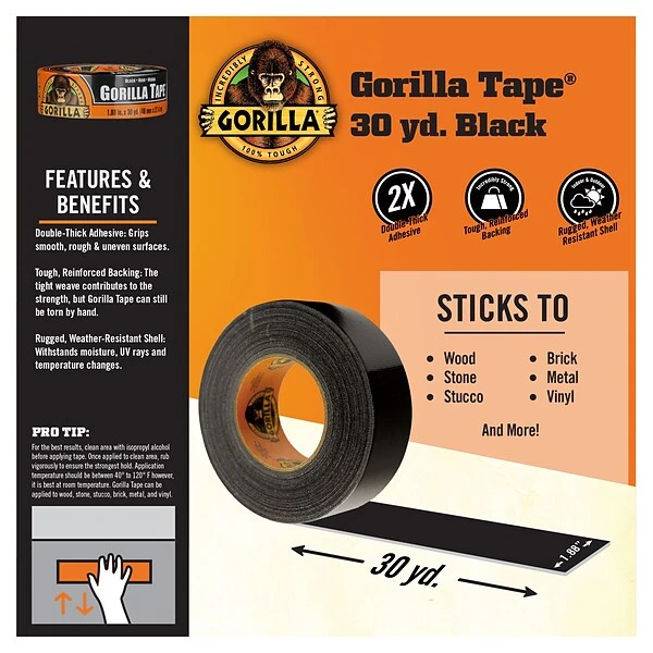 Gorilla Duct Tape, 1.88" X 30 Yds., Black (105629) 9 Gorilla Duct Tape, 1.88" X 30 Yds., Black (105629) - Image 7